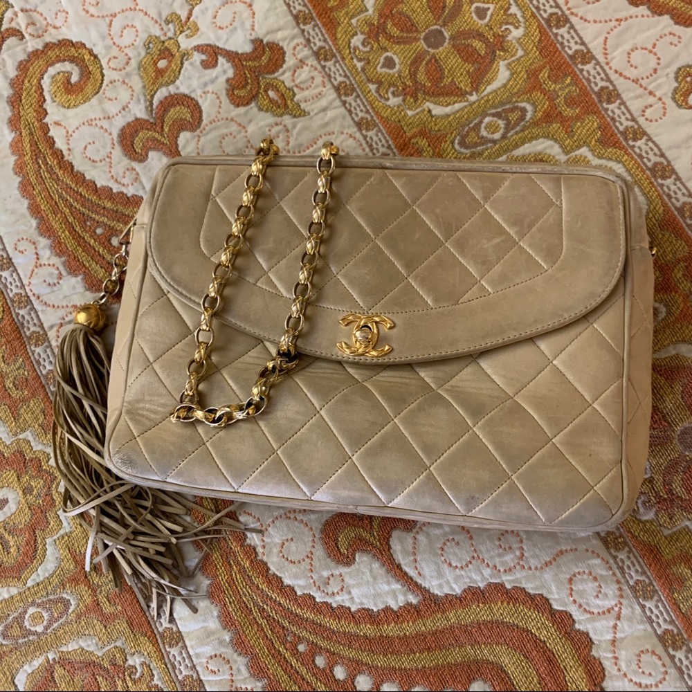 Authentic CHANEL Beige Quilted Tassle Flap Crossbody Bag